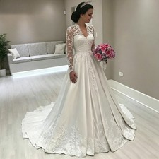Vintage 1960s Long Sleeve Wedding Dresses V Neck Lace Satin A Line Bridal Gowns