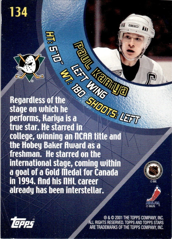 2000-01 Topps Stars Paul Kariya Anaheim Mighty Ducks #134 - Image 2 of 2