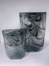 Blown Glass Vases Heavy Thick Gray Brown Swirl With tags Set 2