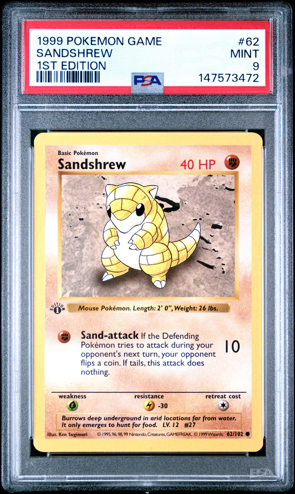 1999 POKEMON BASE SET 1ST EDITION #62 SANDSHREW PSA 9