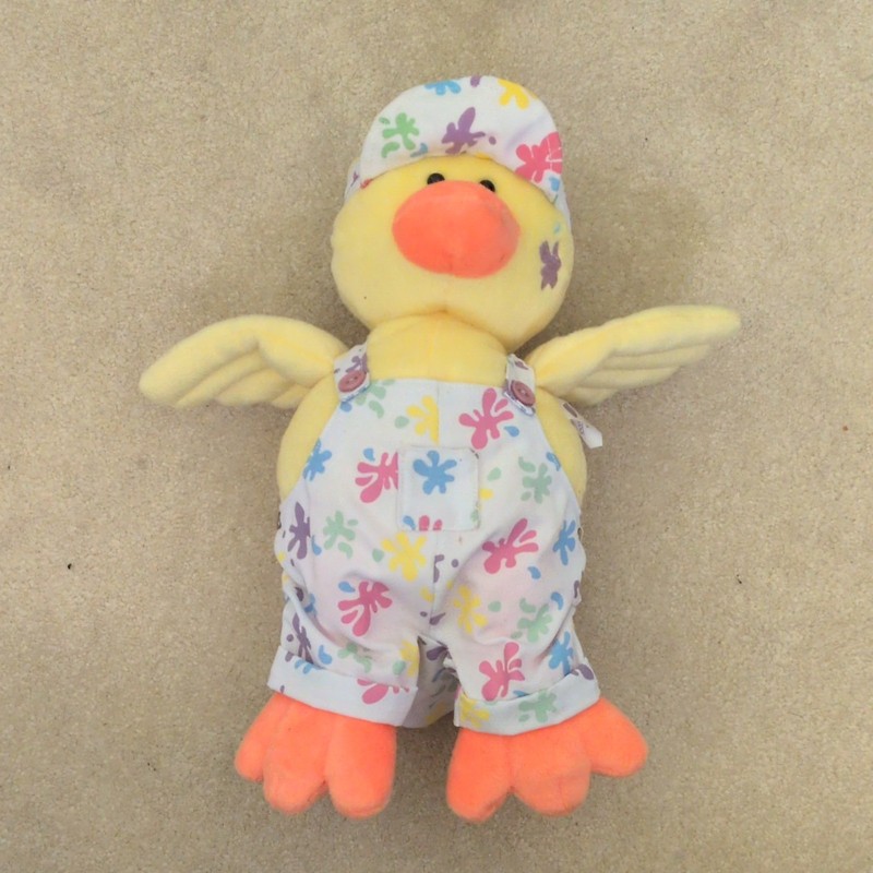 Yellow Orange Duck Plush Stuffed Animal, Soft Floral Outfit Small 14 in