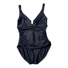 Y2K Lauren Ralph Lauren Black Plunge One Piece Swimsuit Size 12 Ruched Vintage