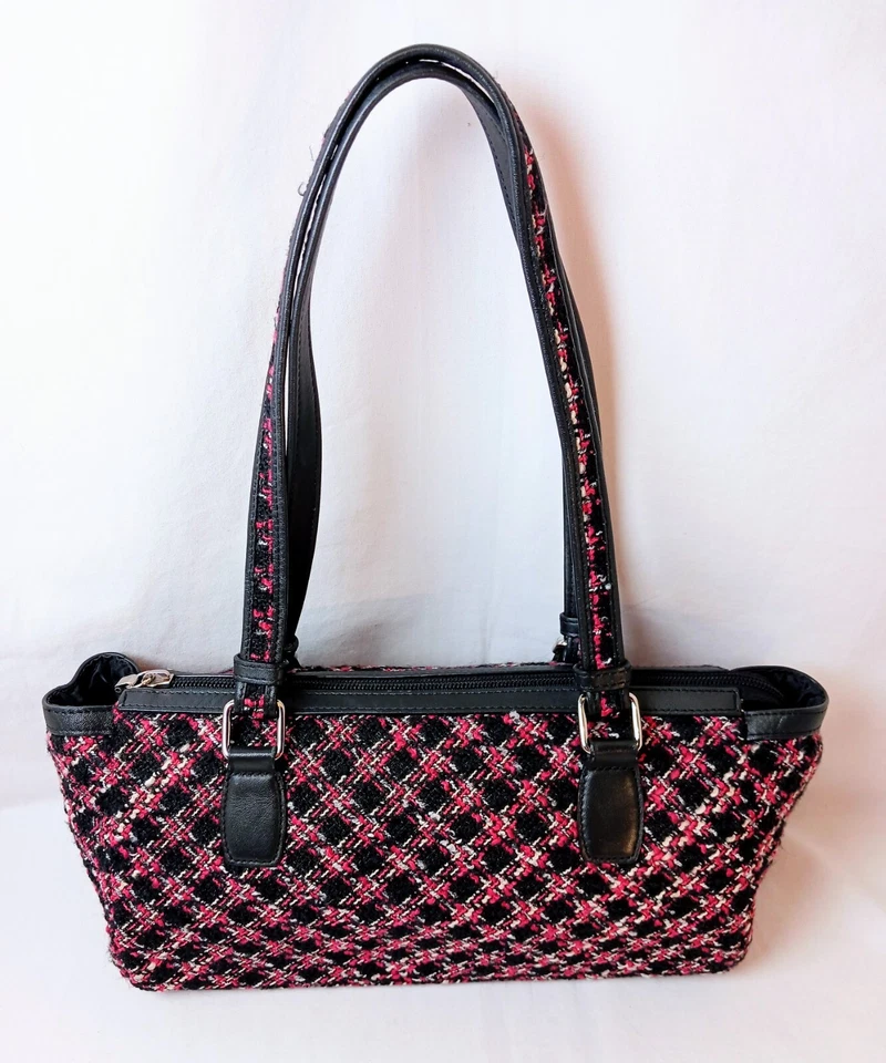 Bolso Cartera TALBOTS Vintage Rosa/Negro/Gris Tweed y Cuero Doble Asa Foto 4 de 4