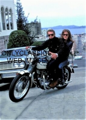 STEVE MCQUEEN JACQUELINE BISSET TRIUMPH MOTORCYCLE PHOTO BULLITT SAN FRANCISCO