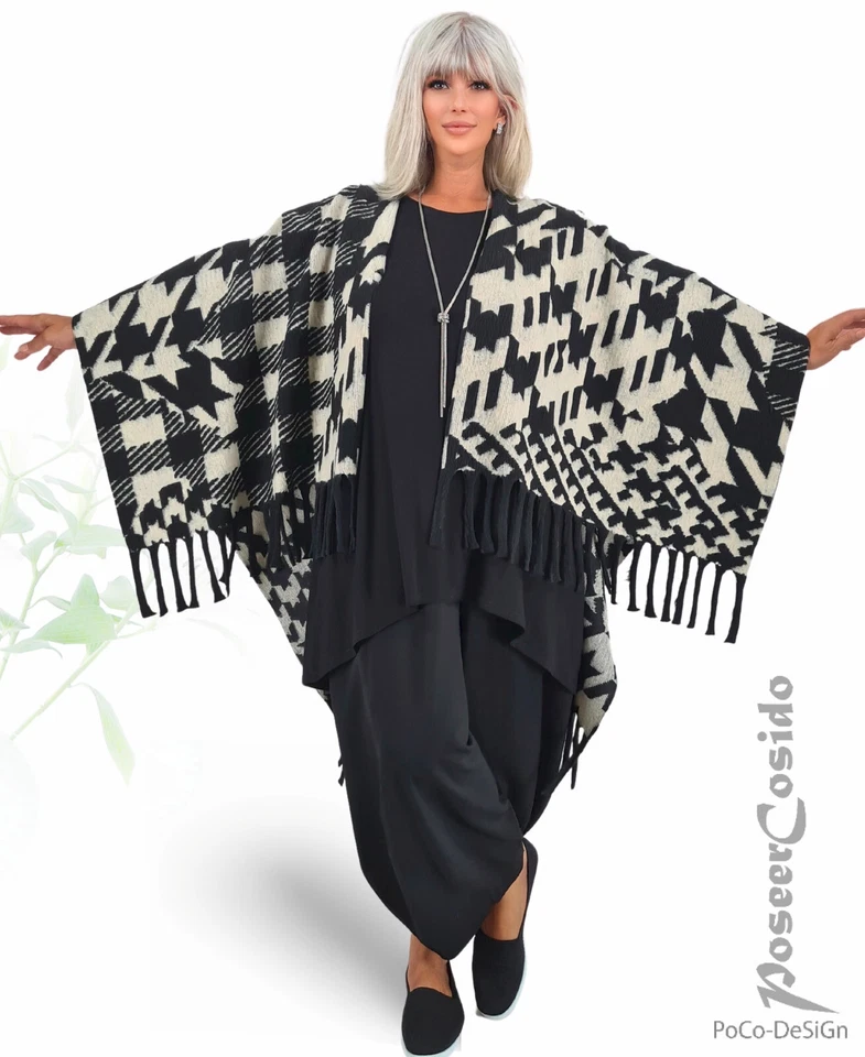 LAGENLOOK Poncho Pullover Überwurf Jacke 42 44 46 48 50 52 54 56 58 schwarz ecru - Bild 1 von 4