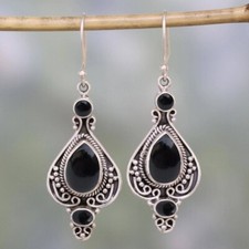 Pear Shape Handmade 925 Sterling Silver Black Onyx Genuine Dangle Women Earrings