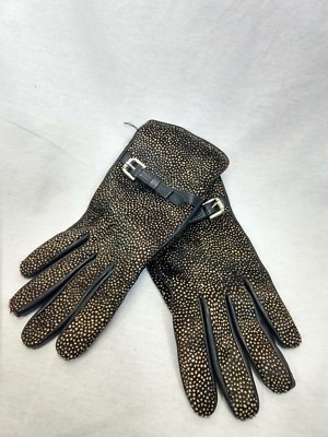 Cole Haan Leather Basic Gloves Black Driving Gloves Buckle Accent Cow Hair Sz M 