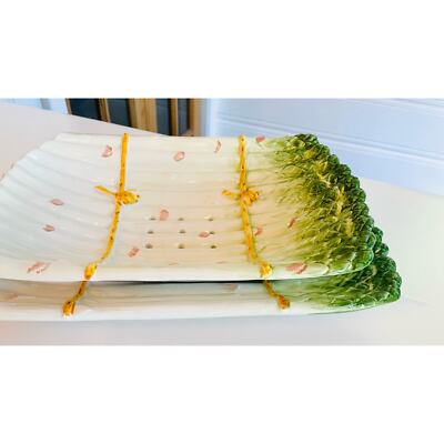 Mid-20th Century Italian Painted Barbotine Two-Piece Asparagus Dish