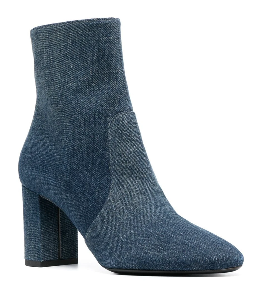 Saint Laurent Lou 75 Blue Jeans Denim YSL Zip Block Heel Ankle