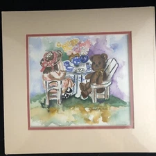 DOUBLE MATTED TEA PARTY ART PRINT BY BERNADETTE HEICE 13 1/4 X 14 1/4"