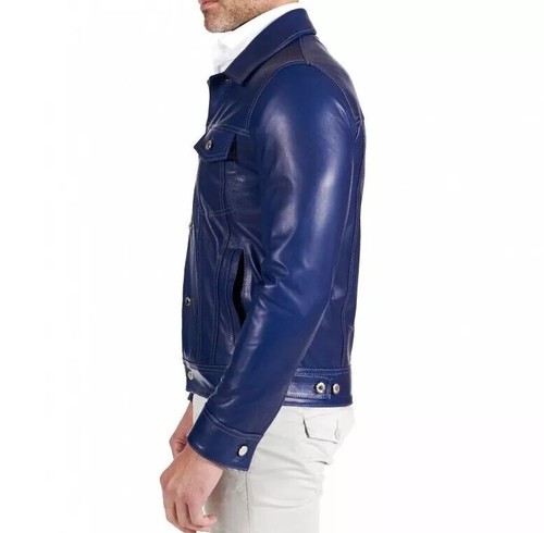 Herren Blau Denim Leder Trucker Jacke Lederhemd Klassische Lederjacke Mantel - Bild 3 von 9