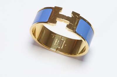 HERMES Paris Wide Gold Plated Blue Enamel H Clic Clac Bangle