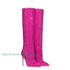 Rhinestone Knee High Boots for Women Stilettos Heels Sexy Wedding Boots Shoes