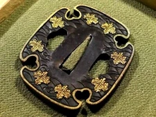 Japan antque Edo era paulownia Tidal wave Tachi blade Tsuba Shakudo Box sword 