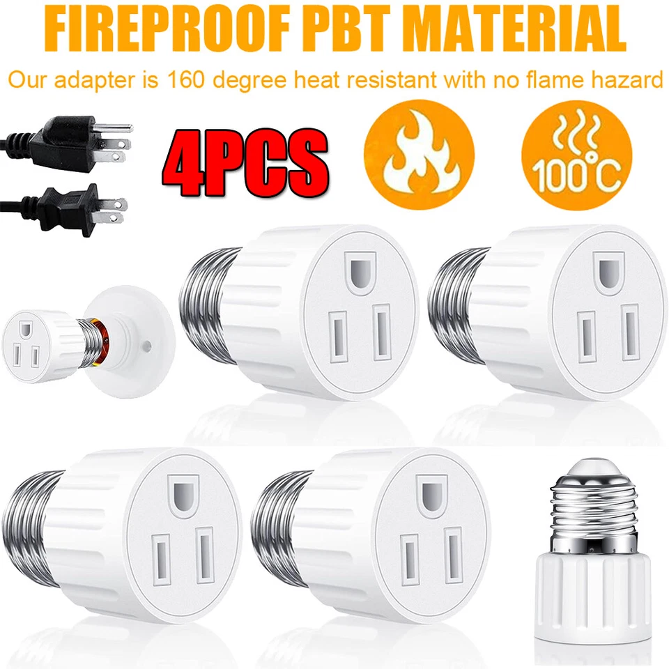 4Pcs E26/ E27 Light Bulb Outlet Adapter 2/3 Prong Light Socket to Plug Adapter - Image 2 of 4