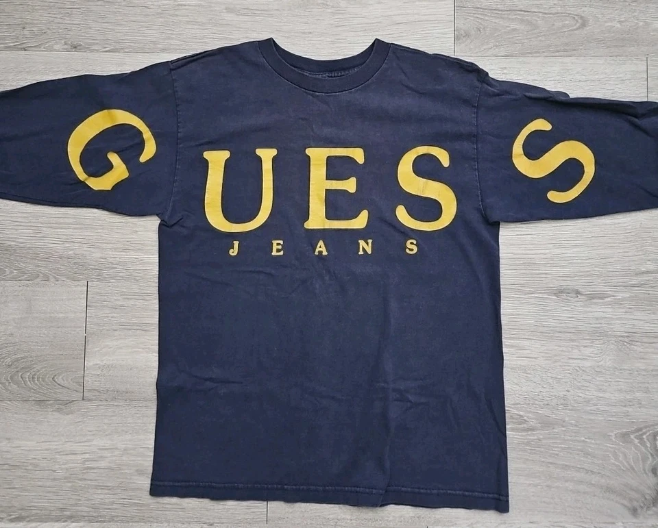 Camisa manga larga GUESS vintage para niño azul marino dorado con logotipo talla mediana 12/14 Foto 3 de 4