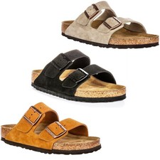 Sandalia Birkenstock Arizona Sfb de dos correas de gamuza anatómica para mujer negra EE. UU. 6-14