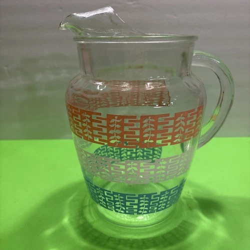 VTG-mid Century Anchor Hocking Glass Pitcher/Ice Lip. Pink, White And Blue(s1)