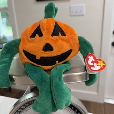 TY Beanie Baby PUMKIN Jack-O-Lantern Halloween Plush Stuffed Toy w/ Tag 3  Sit