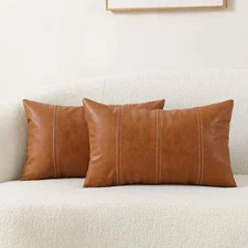 Set of 2 Faux Leather Lumbar Decorative Throw Pillow Covers 12x20 Cognac Brow...