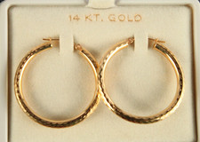 3mm X 30mm Engraved Hoop Pierced Earrings Solid 14K Yellow Gold NEW IN BOX