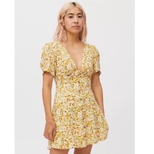 Urban Outfitters Floral Citrus Knot Front Button Down Mini Dress Yellow XS