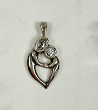 Sterling Silver Mother Child Heart Pendant with Two CZs - 1 1/8"