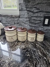 Vintage Farmhouse Metal Canister Set Of 4 Brown Floral.