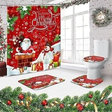 4PCS Christmas Snowman Shower Curtain Set with Rug,Toilet Cover Bath Mat,Winter