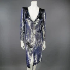 JEAN-LOUIS SCHERRER 2 Silver Navy Metallic Velvet Long Sleeve Sheath Dress