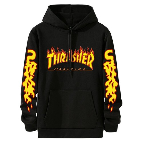 Mens Hoodie Hooded Sweatshirt Pullover Flame Printed Plain Hoody Tops Jumper - Picture 11 of 20
