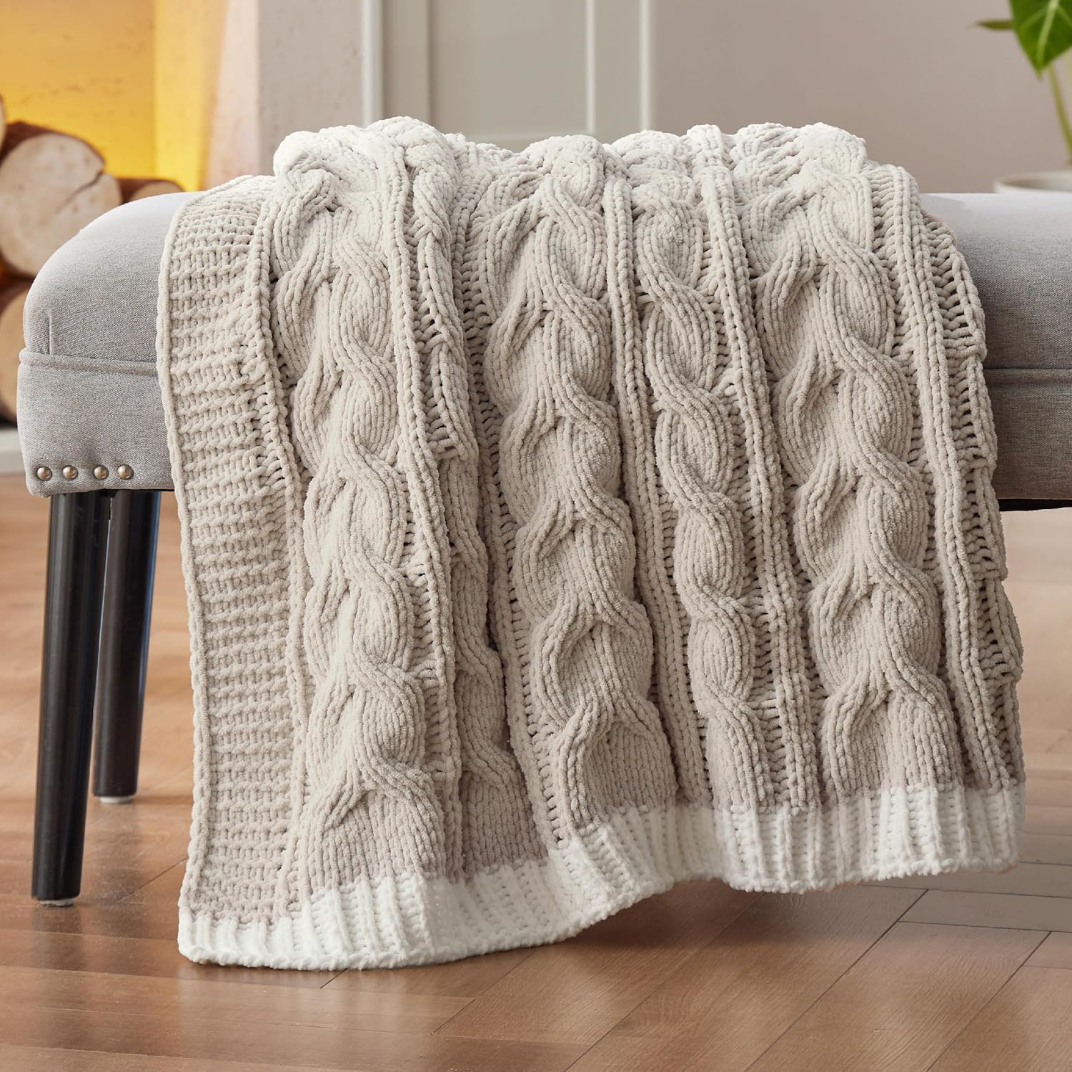 Soft Beige Cable Knit Throw Blanket 50x60 Cozy Winter Couch Decor