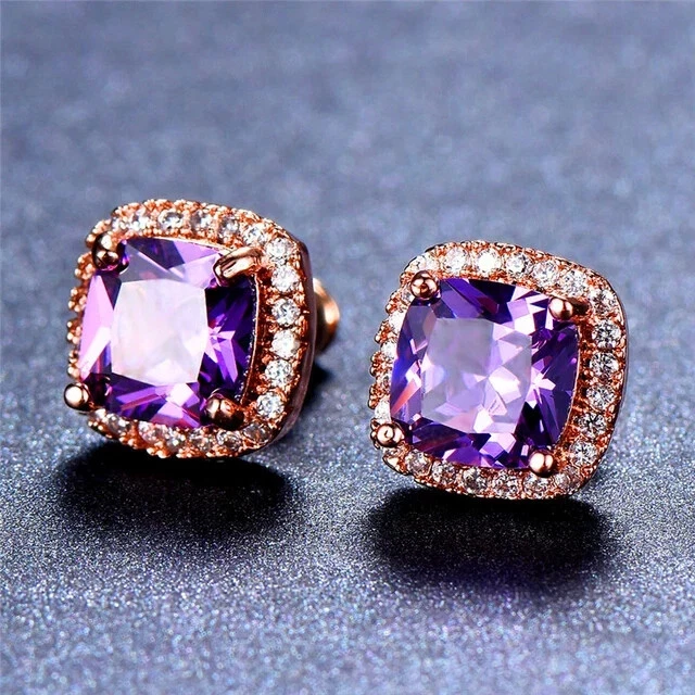 Lab-created.2ct Purple Amethyst Halo Solitaire Stud Earrings 14k RoseGold Plated - Image 3 of 4