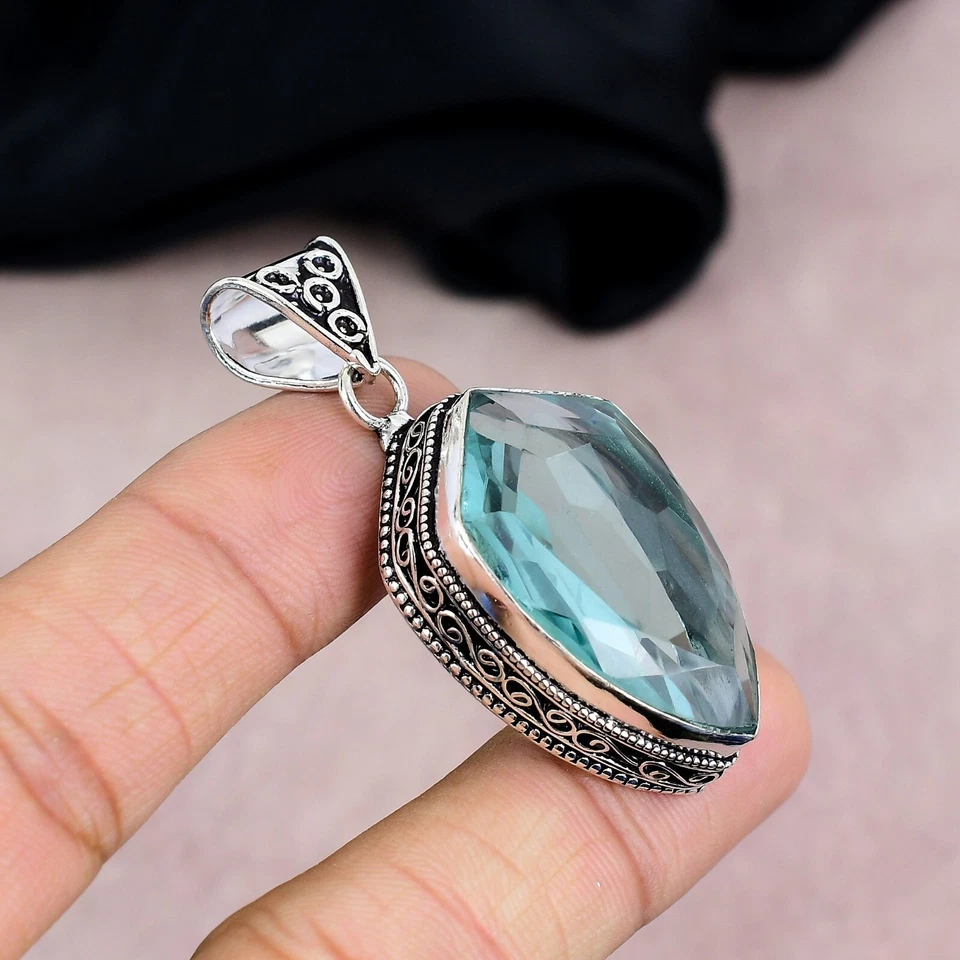 Pingente de pedra preciosa de água-marinha prata esterlina 925 feito à mão joia presente - Imagem 4 de 4