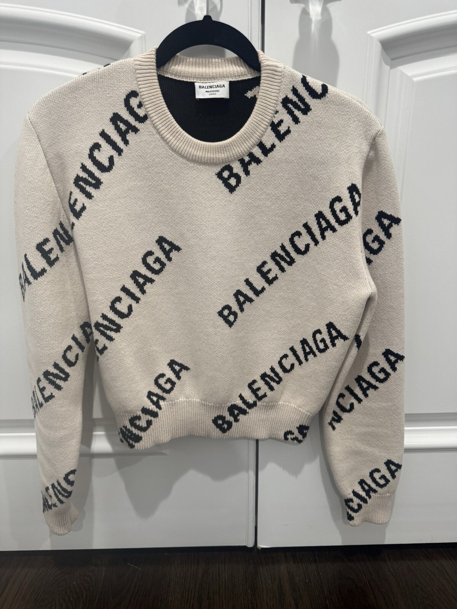 Balenciaga Women's Knit Crew Neck Wool Sweater Logo All Over Size