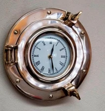 9" Brass Porthole Clock ~ Ship Porthole Clock~ Nautical Navigation Marine Clock