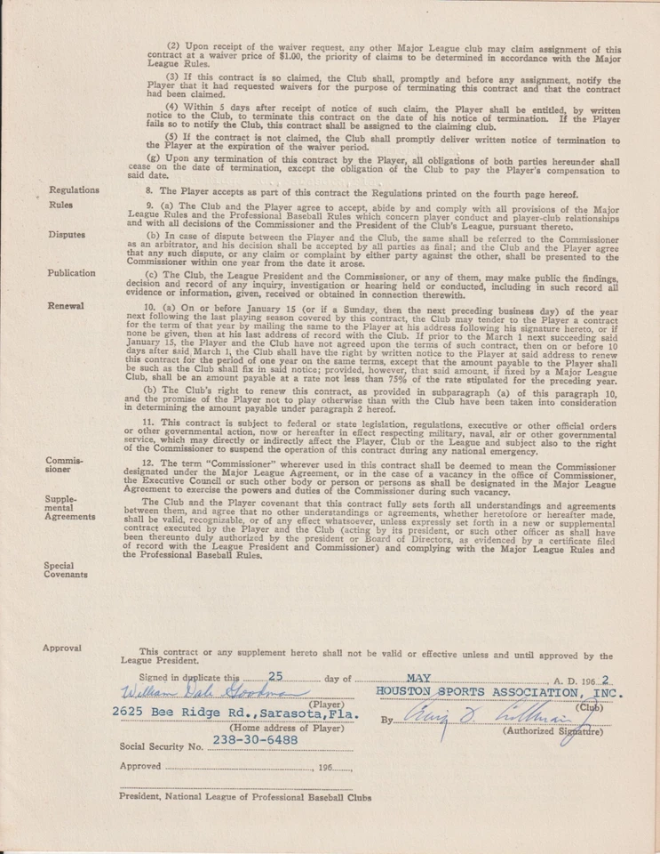 Billy Goodman - Signed 1962 Houston Colt .45's Player Contract - Deceased 1984 Foto 3 de 4
