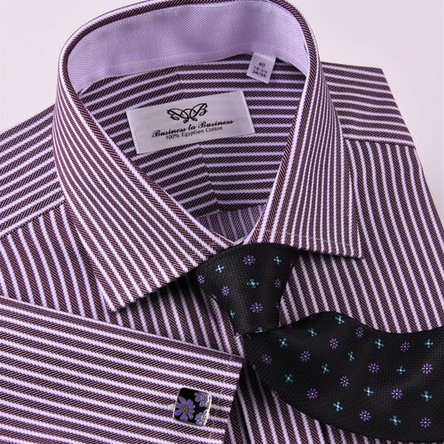 Mens Purple Formal Business Dress Shirt Herringbone Twill Stripe Lilac Oxford GQ - Picture 3 of 12