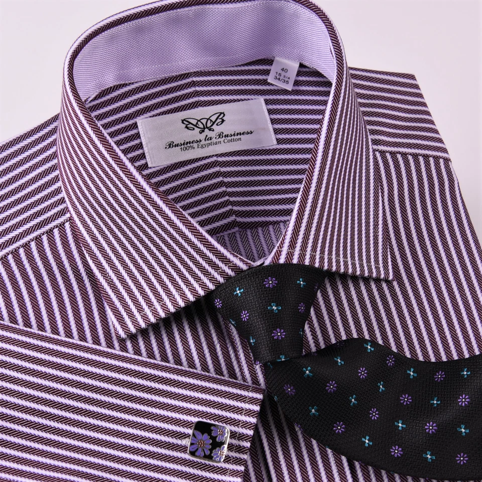 Camisa de vestir formal de negocios púrpura para hombre sarga espiga rayas lila Oxford GQ Foto 3 de 4