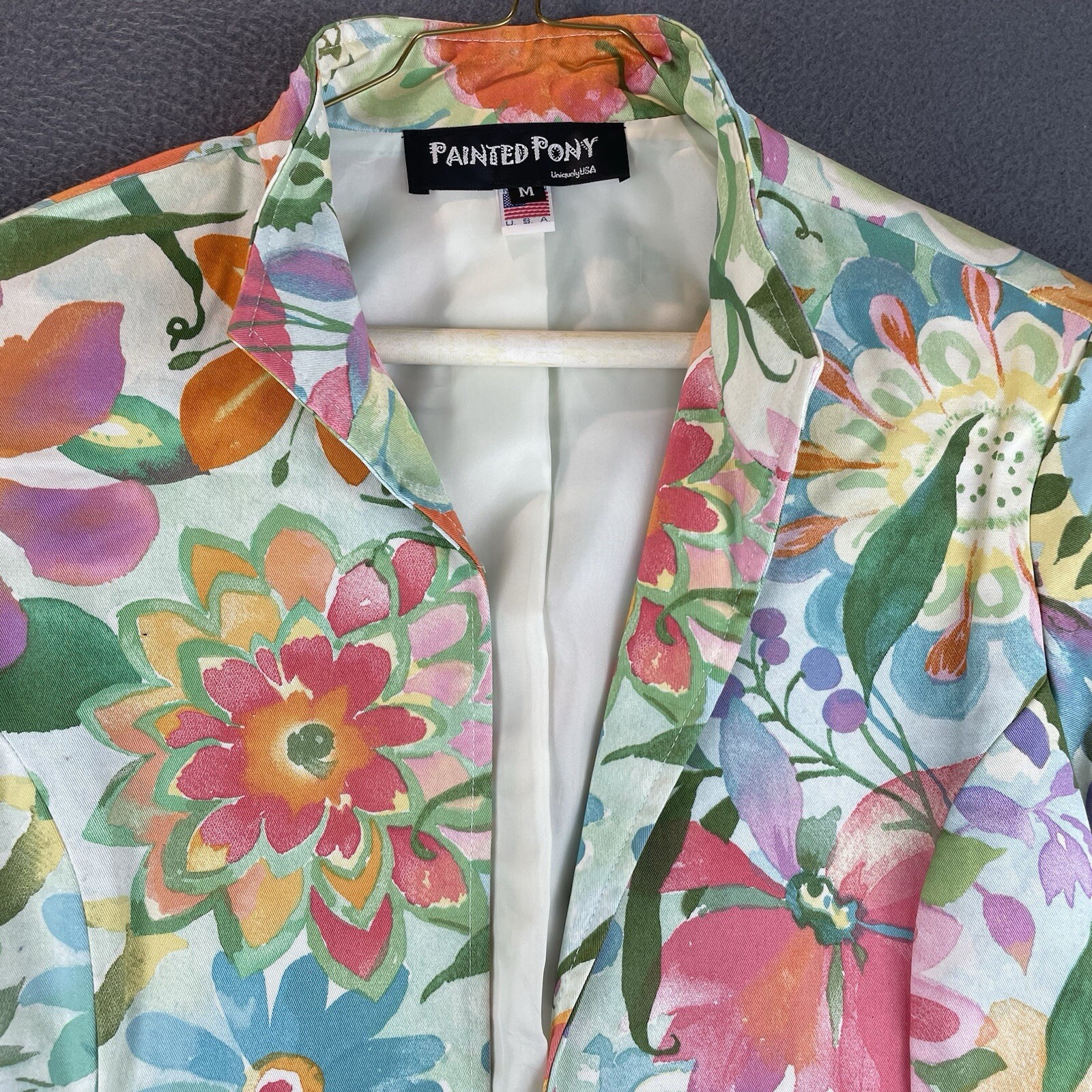Giacca vintage dipinta pony floreale taglia M colorata foderata aperta colletto anteriore elegante usata in ottime condizioni