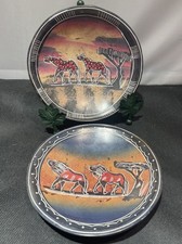 Set/2 Soapstone bowls Hand Painted African Safari Animals Lions Hyenas Kenya 6”
