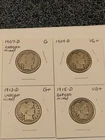 1907-D G, 1909-D VG+, 1913-D G+, 1915-D VG+ Barber Quarters