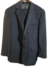 Jos A Bank Tailored Fit Suit Mens 46R 38X29 Blazer Wool Navy Blue Windowpane