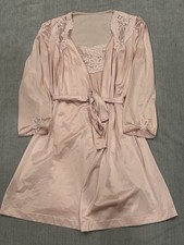 Vintage Lorraine Pink Poly Satin Robe Slip Gown USA Sz Small Lace Insets