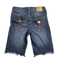 True Religion Geno SE Shorts Girls 7 Blue Denim Bermuda Raw Hem Relaxed Slim