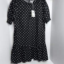 Free Assembly Black/White Polka Dot A-Line Midi Dress Ruffle Button M
