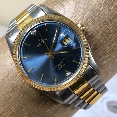 Elgin Men FC350 012 2115 Fashion Fluted Bezel Two Tone Quartz 34mm Watch 7 1/2''