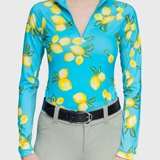 Kastel Denmark Azure Lemons Long Sleeve 1/4 Zip Sun Shirt Equestrian Blue Large
