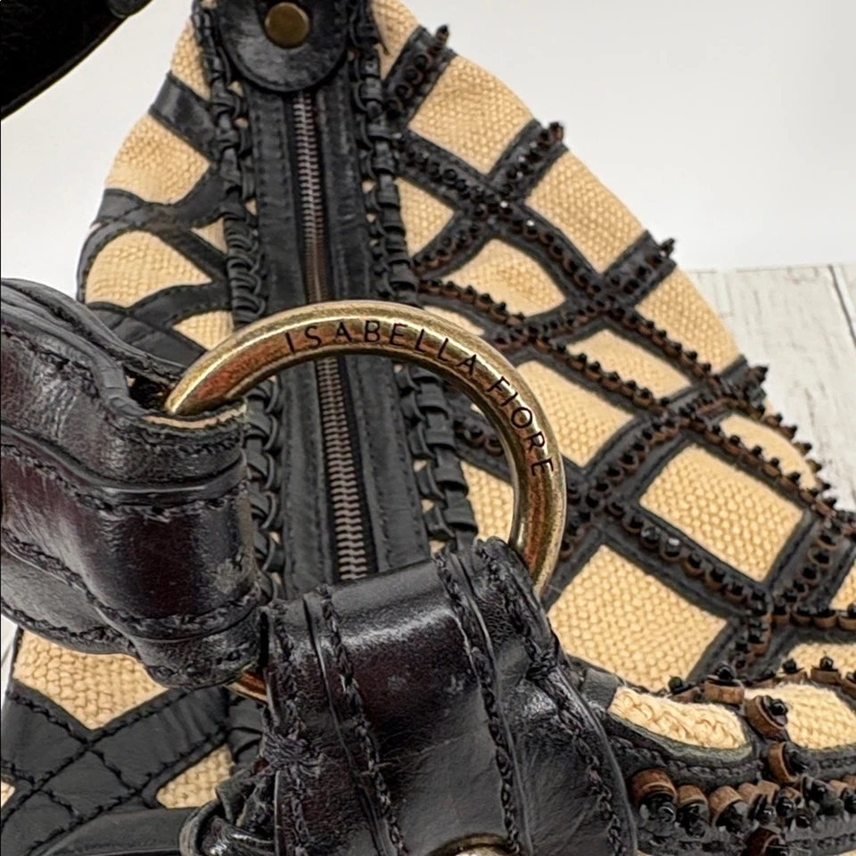 Vintage Isabella Fiore Women’s Black and Tan Leather Fabric Lattice Shoulder Bag — 第 4/4 张图片