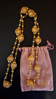 Vintage Angie Dickinson Gold-Tone Caged Faux Pearl Beaded Necklace w/Bag